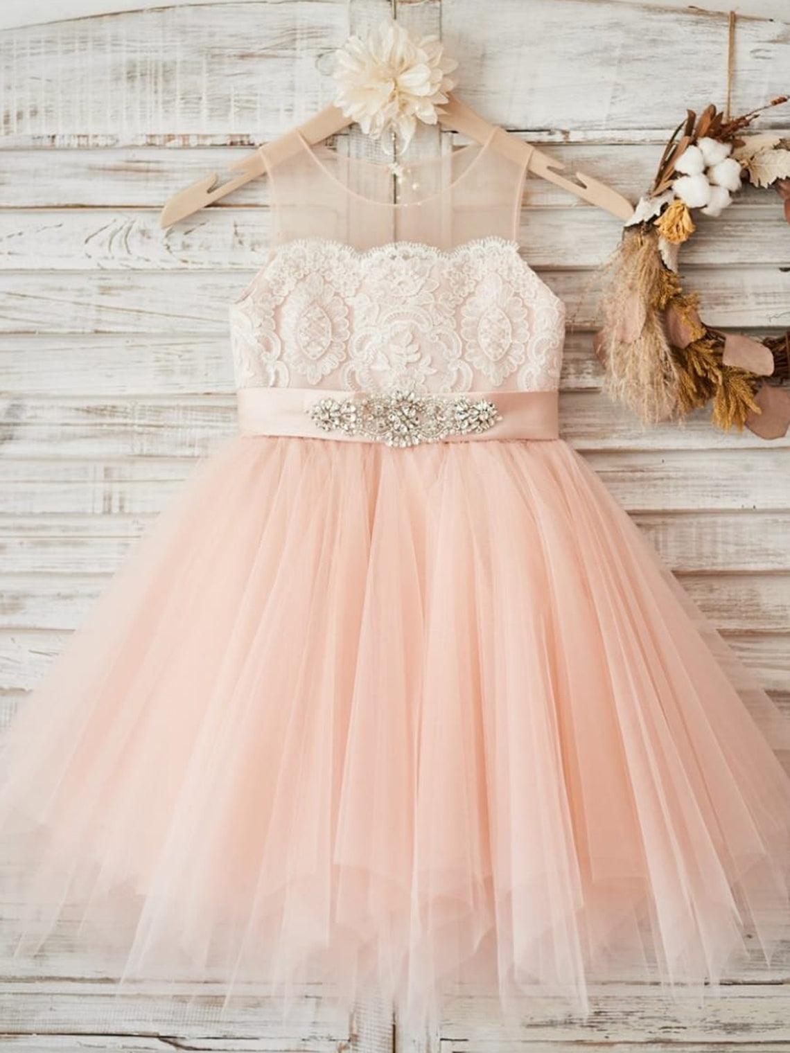 Vestido rosa de tul con encaje hasta la rodilla (2003227698) 