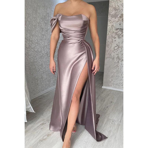 Sheath Off Shoulder Pleated Side Split Long Formal Evening Gown