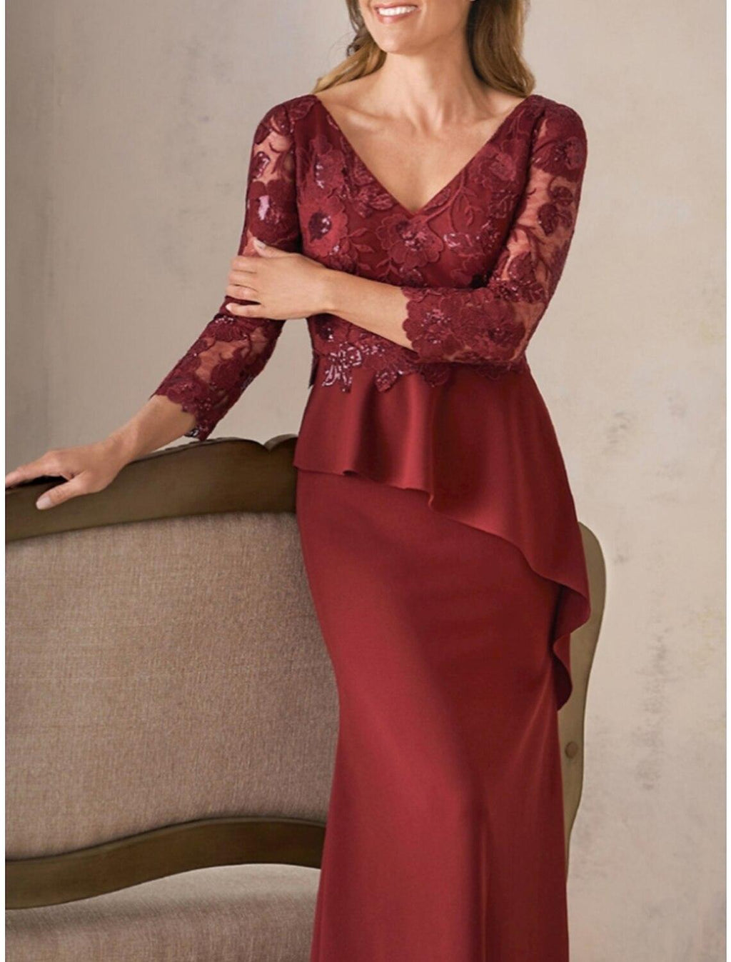 Vestido de Madre de la Novia con Corte en V, Columna, Elegante, para Invitadas de Boda, Largo hasta el Suelo, Satén, Manga Larga con Encaje y Lentejuelas Fruncidas