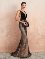 Mermaid Party Dress Evening Gown Luxurious Dress Formal Evening Sweep / Brush Train Sleeveless V Neck Fall Wedding Guest Velvet Backless with Beading