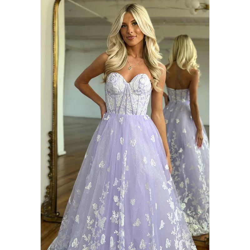 Sweetheart Strapless Sleeveless Lace Tulle A-Line Long Prom Evening Dress