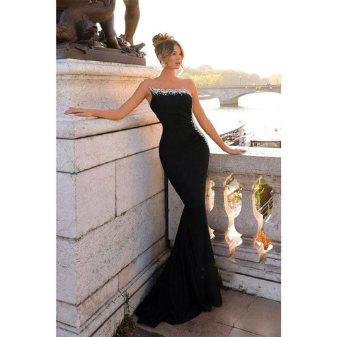 Sheath Illusion Beaded Strapless Satin Long Prom Dress Evening Gowns