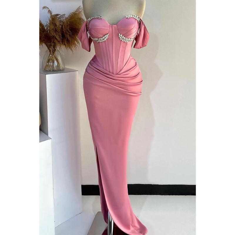 Vestido de noche para fiesta de graduación con escote corazón, hombros descubiertos, fruncido con cuentas y abertura lateral 
