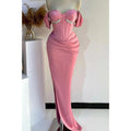 Vestido de noche para fiesta de graduación con escote corazón, hombros descubiertos, fruncido con cuentas y abertura lateral 