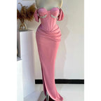 Vestido de noche para fiesta de graduación con escote corazón, hombros descubiertos, fruncido con cuentas y abertura lateral 