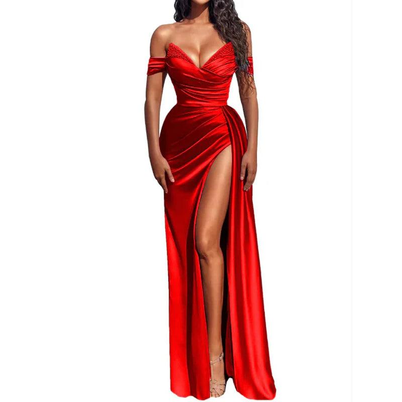 Vestido de fiesta largo plisado con escote en V y abertura sexy