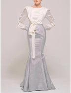 Mermaid / Trumpet Mother of the Bride Dress Wedding Guest Party Scoop Neck Sweep / Brush Train Stretch Satin Long Sleeve with Bow(s) Ruching