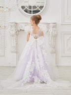 Abnehmbares Blumenmädchenkleid aus Spitze und Tüll mit Schleppe 