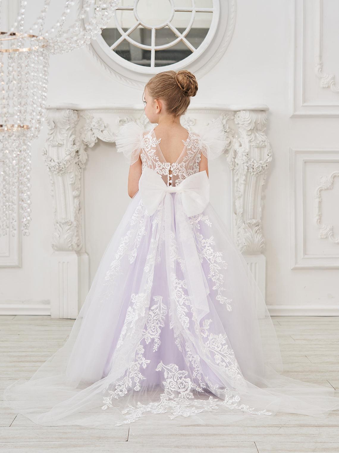 Abnehmbares Blumenmädchenkleid aus Spitze und Tüll mit Schleppe 