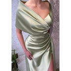 Vestido de noche formal de satén fruncido sin mangas con escote en V y corte tubo/columna