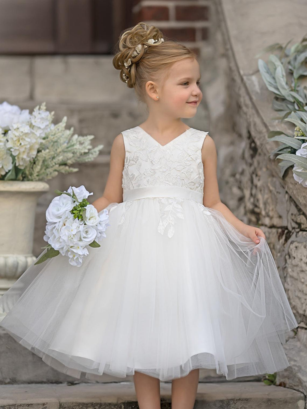 Vestido de niña de las flores sin mangas con encaje de tul hasta la rodilla 