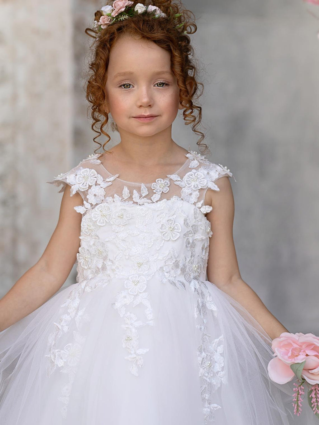 Vestido de princesa color marfil con apliques de encaje y lazo de tul | Vestido de niña de las flores de tul con mangas cortas y largo hasta los tobillos 