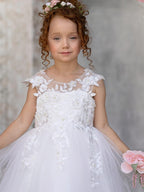 Vestido de princesa color marfil con apliques de encaje y lazo de tul | Vestido de niña de las flores de tul con mangas cortas y largo hasta los tobillos 