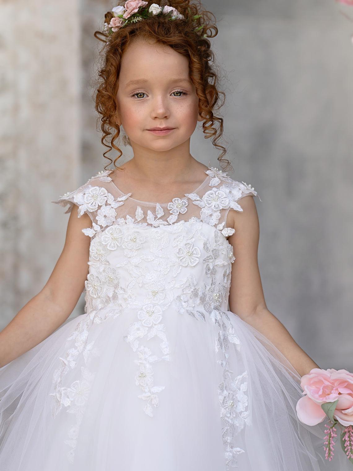 Vestido de princesa color marfil con apliques de encaje y lazo de tul | Vestido de niña de las flores de tul con mangas cortas y largo hasta los tobillos 