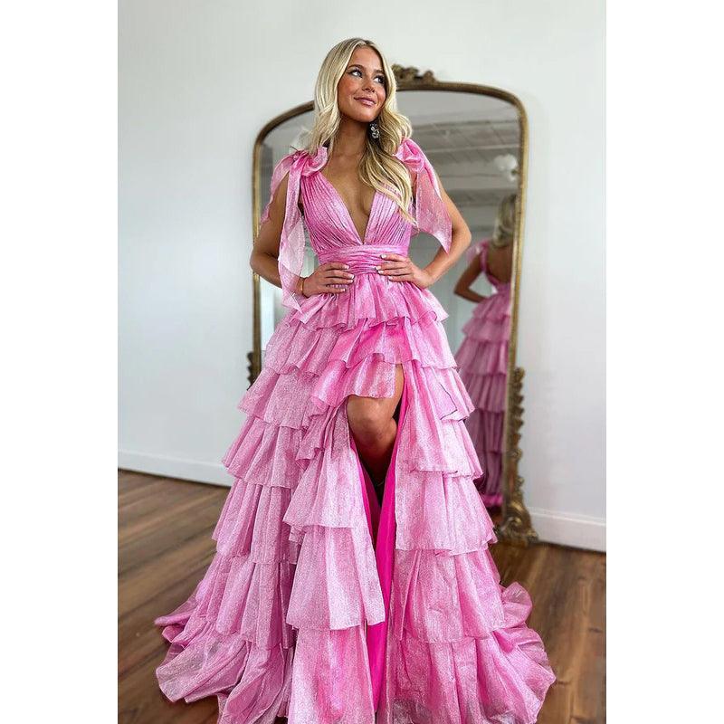 Elegantes, ärmelloses Party-Ballkleid mit V-Ausschnitt, Seitenschlitz und Rüschen