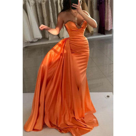 Sheath Sweetheart Strapless Beaded Ruched with Train Party Prom Evening Dress