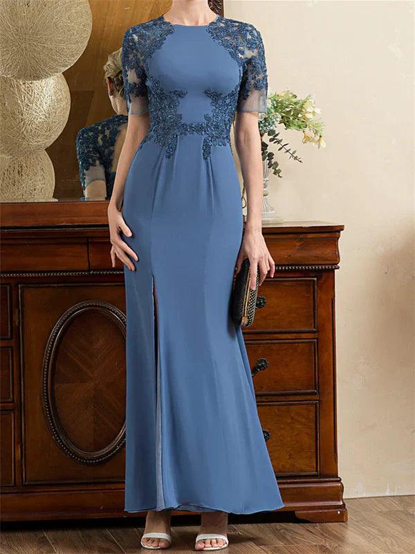 Vestidos de madre de la novia, corte trompeta, mangas cortas, largo hasta el tobillo con abertura