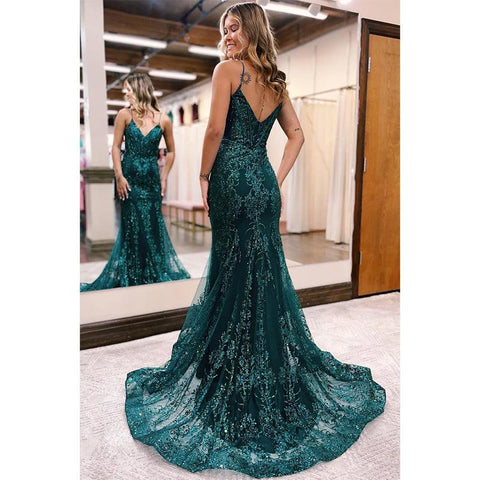 Sexy V-neck Sequins Appliques Mermaid Long Prom Dress