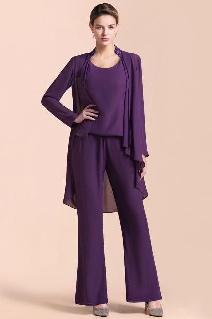Mono de gasa color uva con tirantes y cuentas para madre de la novia, asequible, en línea, con chal