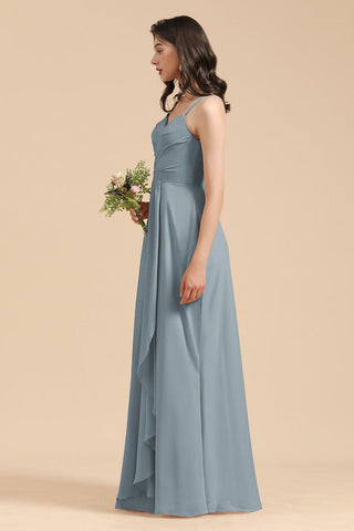Affordable V-Neck Ruffle Dusty Blue Chiffon Bridesmaid Dresses