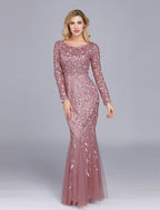 Mermaid / Trumpet Empire Elegant Party Wear Formal Evening Valentine's Day Dress Jewel Neck Long Sleeve Floor Length Tulle with Embroidery