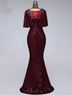 Vestidos de fiesta de sirena/trompeta, vestido brillante, para invitada de boda, largo hasta el suelo, media manga, cuello ilusión, lentejuelas con volantes de lentejuelas