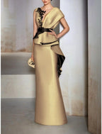 Gelbes Etuikleid/Säulen-Abendkleid aus Satin, Champagner, elegantes schwarzes Kleid, formelle Herbst-Bodenlänge, kurze Ärmel, V-Ausschnitt mit Rüschen, Stickerei-Applikationen