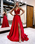 Vestido de fiesta corte A tirantes finos corsé espalda con abertura