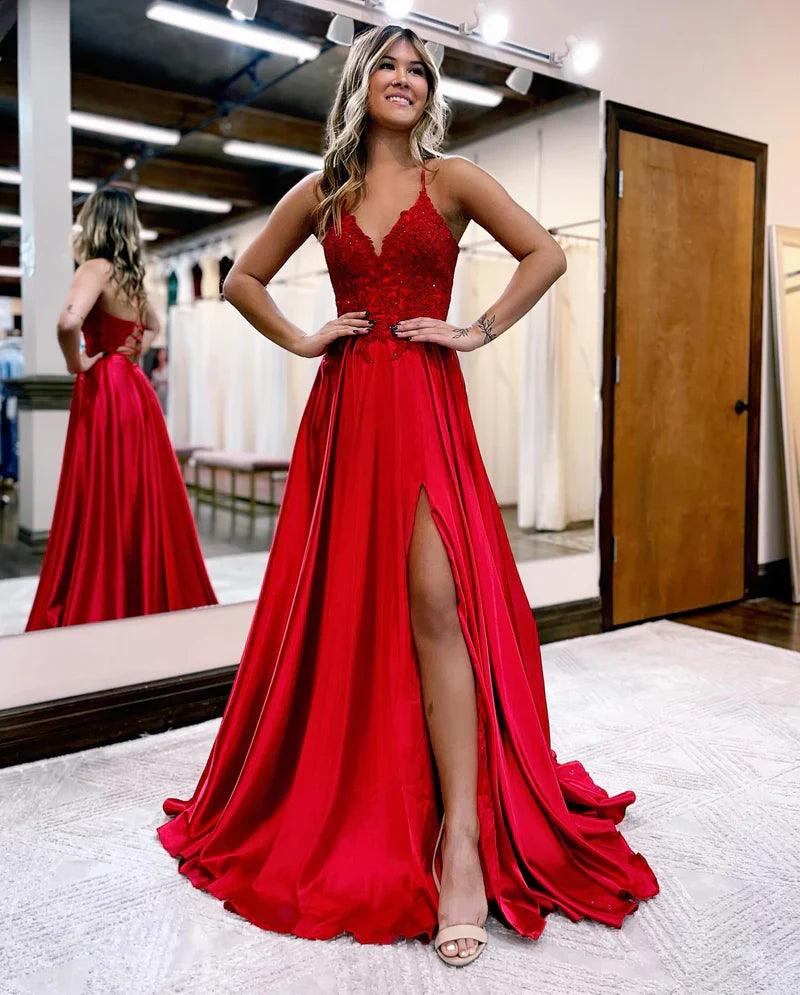 Vestido de fiesta corte A tirantes finos corsé espalda con abertura