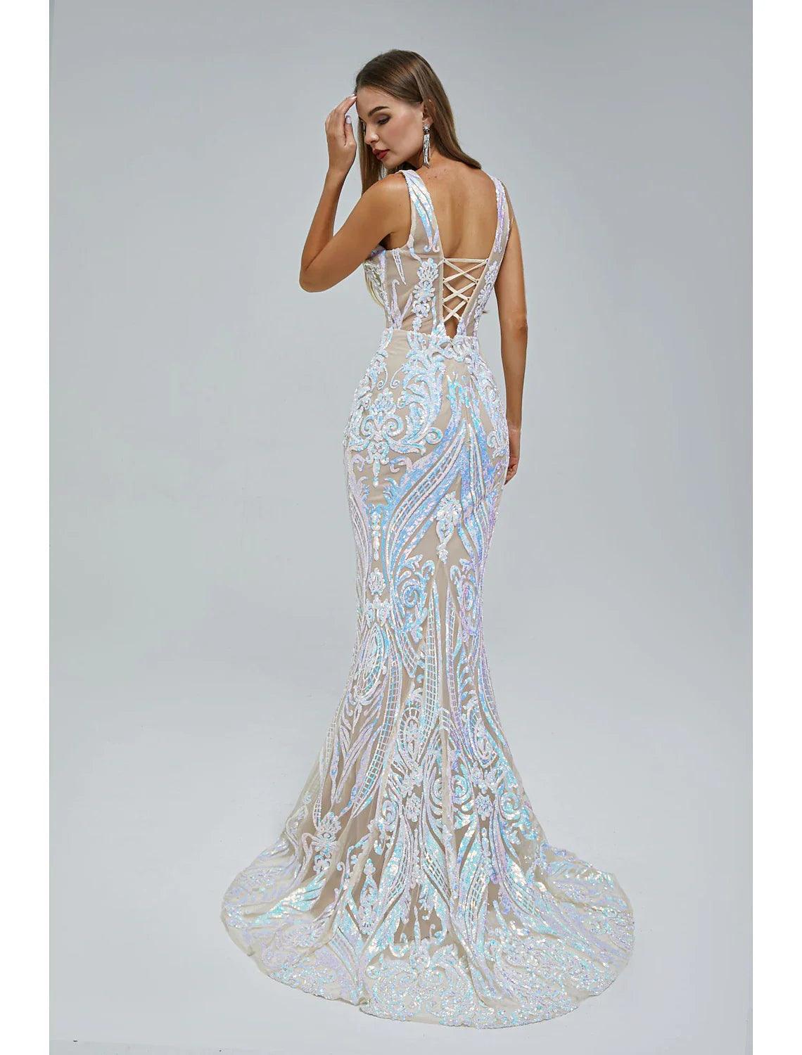 Mermaid / Trumpet Evening Gown Sparkle & Shine Dress Engagement Formal Evening Court Train Sleeveless V Neck Sequined with Sequin