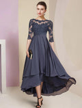 Etui-Linie/Säulenkleid für die Brautmutter, Hochzeitsgast, Party, elegant, hochgeschlossen, Rundhalsausschnitt, asymmetrisch, Chiffon, Spitze, halbe Ärmel mit Falten, einfarbig