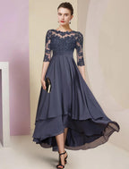 Etui-Linie/Säulenkleid für die Brautmutter, Hochzeitsgast, Party, elegant, hochgeschlossen, Rundhalsausschnitt, asymmetrisch, Chiffon, Spitze, halbe Ärmel mit Falten, einfarbig