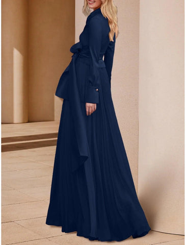 Elegantes, bodenlanges Kleid für Hochzeitsgäste aus Chiffon mit V-Ausschnitt und langen Ärmeln und Schleife(n), einfarbig