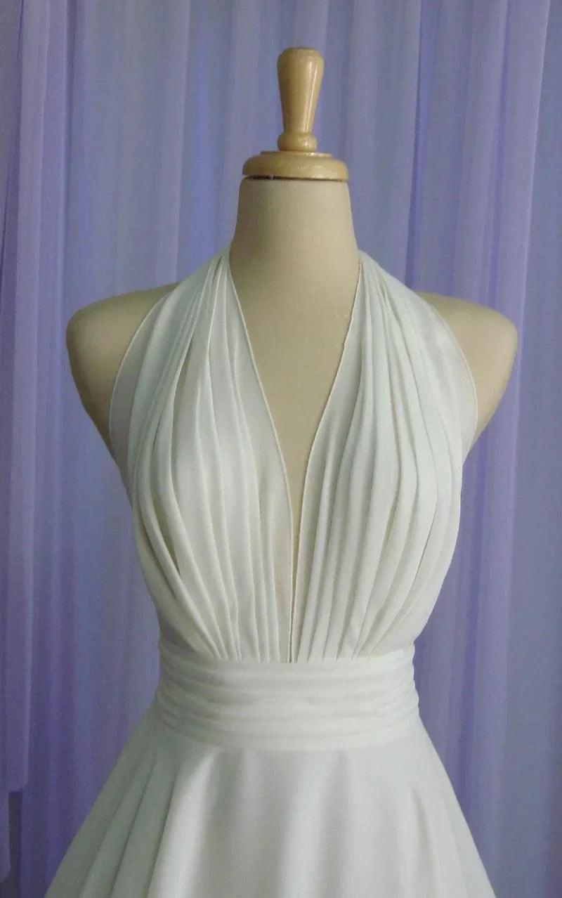Vestido de novia vintage de gasa hasta la rodilla con cuello halter y lazo