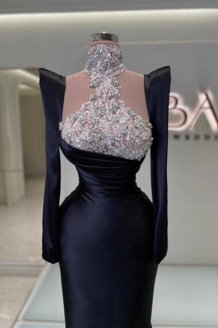 Erstaunliche säulenförmige langärmlige schwarze Ballkleider aus Satin mit Strass-Schleppe