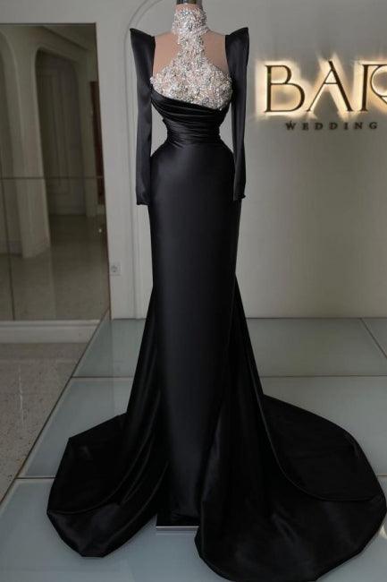 Erstaunliche säulenförmige langärmlige schwarze Ballkleider aus Satin mit Strass-Schleppe