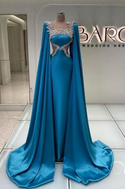 Erstaunliches langes blaues Satin-Strass-Ballkleid Designer-Abendkleid