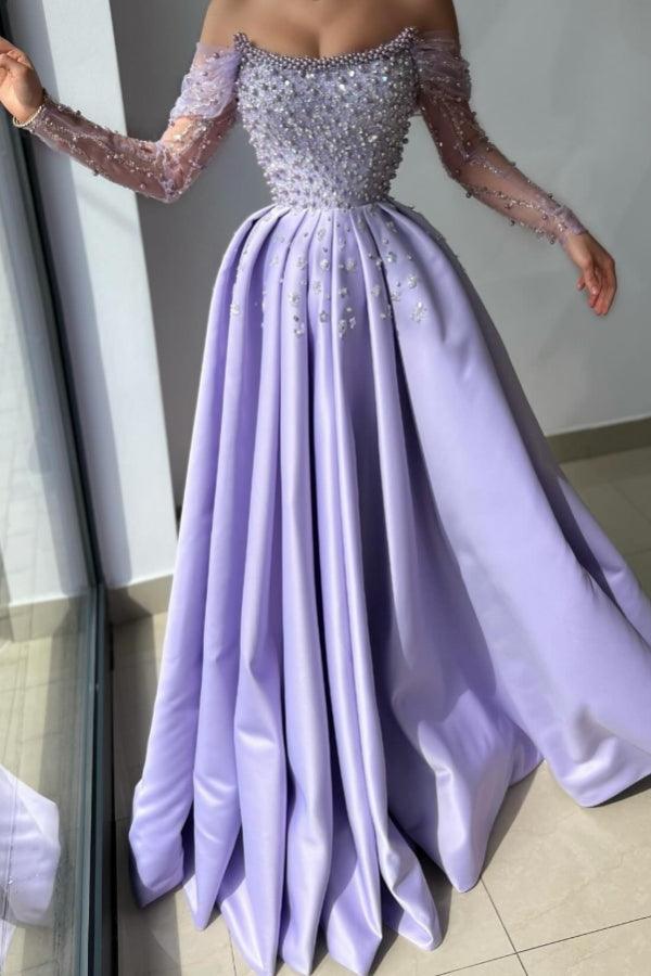 Fantastisches langes lila A-Linien-Abendkleid mit schulterfreien Strasssteinen und Perlen