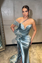 Erstaunliches langes rotes One-Shoulder-Meerjungfrau-Ballkleid mit Pailletten und Schlitz