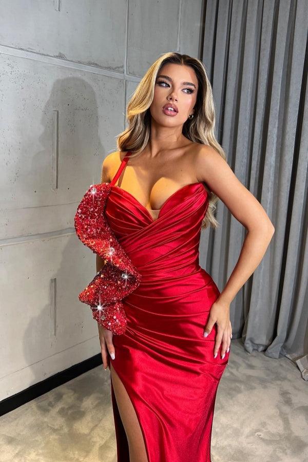Erstaunliches langes rotes One-Shoulder-Meerjungfrau-Ballkleid mit Pailletten und Schlitz