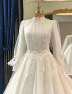 Verlobung Vintage 1940er / 1950er Jahre Formelle Brautkleider Kapellenschleppe Prinzessin Langarm Hoher Halsausschnitt Spitze Mit Falten Applikationen