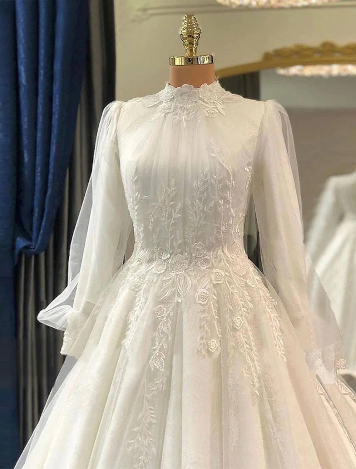 Verlobung Vintage 1940er / 1950er Jahre Formelle Herbsthochzeitskleider Ballkleid Hoher Hals Langarm Hofschleppe Spitzenbrautkleider mit Faltenapplikationen Sommerhochzeitsfeier