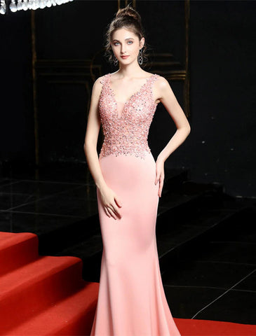 Abendkleid im Meerjungfrauen-/Trompeten-Stil, mit offenem Rücken, für formelle Hochzeitsgäste, Schleppe, ärmellos, V-Ausschnitt, Baumwollmischung mit Perlenapplikationen