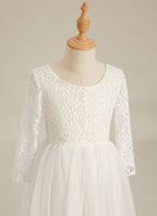 NumberSea - Angelic White Lace A - Line Long Sleeve Tulle Flower Girl Dress