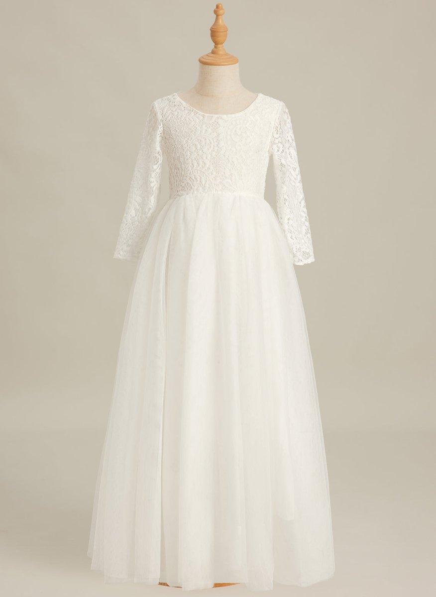 NumberSea - Angelic White Lace A - Line Long Sleeve Tulle Flower Girl Dress
