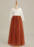 NumberSea - Angelic White Lace A - Line Long Sleeve Tulle Flower Girl Dress