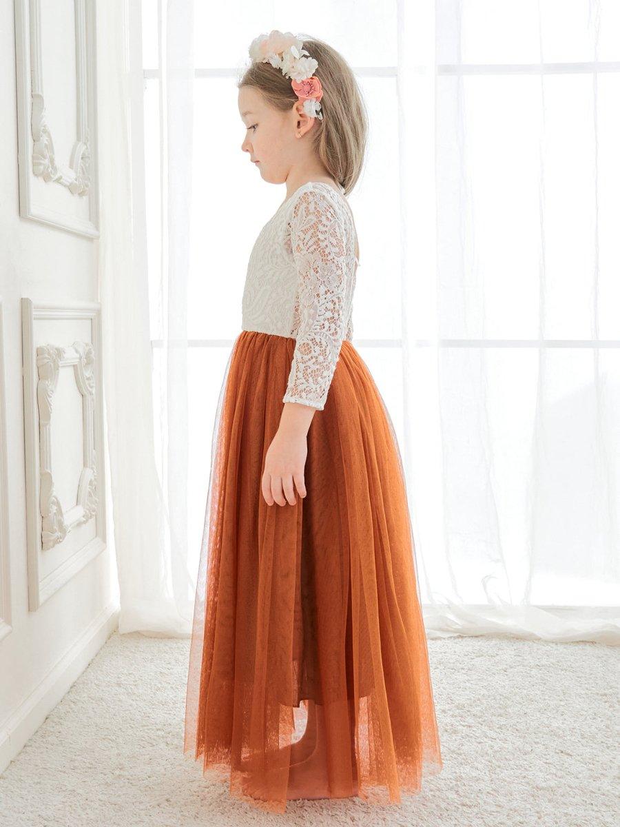 NumberSea - Angelic White Lace A - Line Long Sleeve Tulle Flower Girl Dress