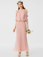 Vestido de dama de honor con corte tubo/columna, escote joya, manga corta, elegante, largo hasta los tobillos, de gasa con faja/cinta/volantes