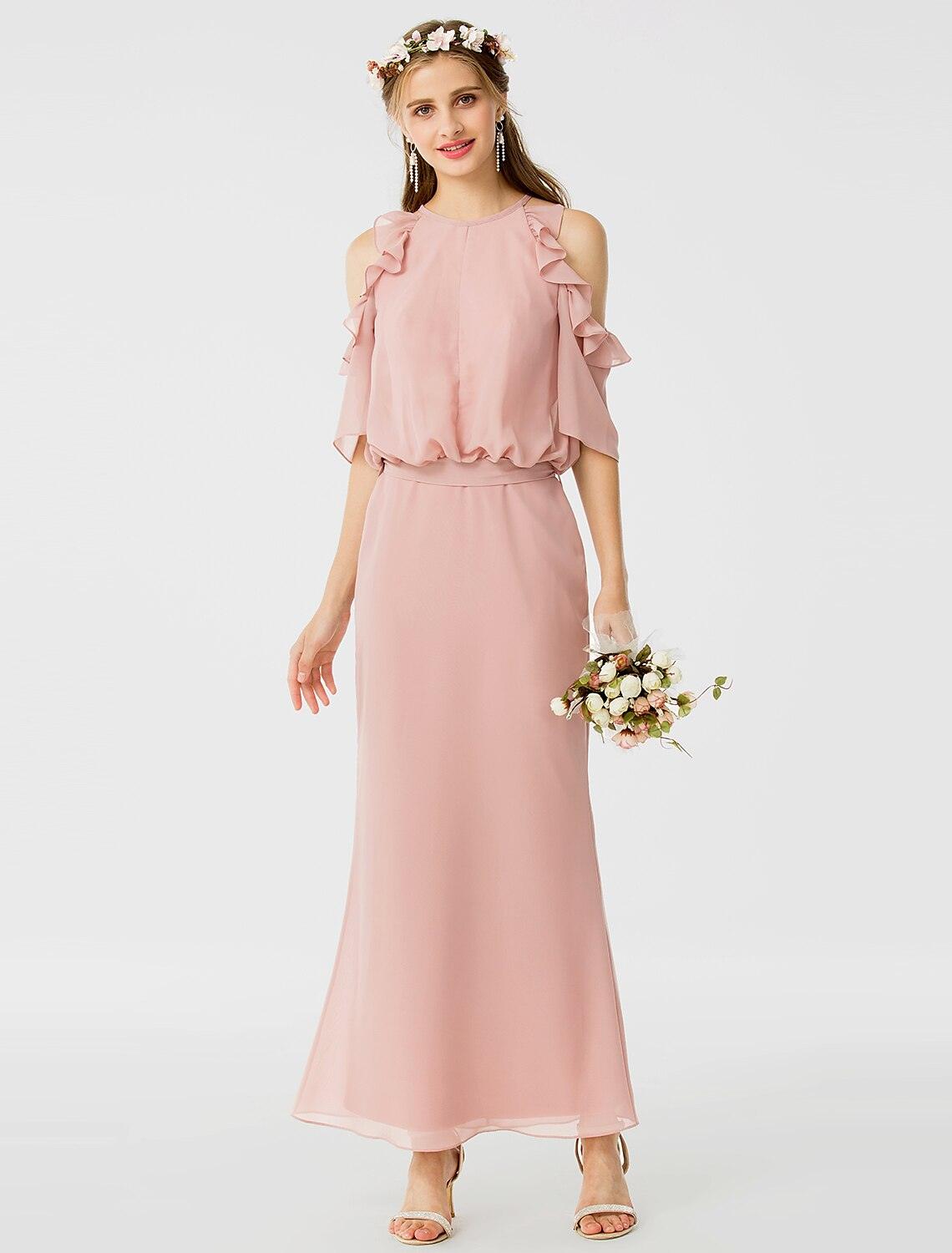 Vestido de dama de honor con corte tubo/columna, escote joya, manga corta, elegante, largo hasta los tobillos, de gasa con faja/cinta/volantes