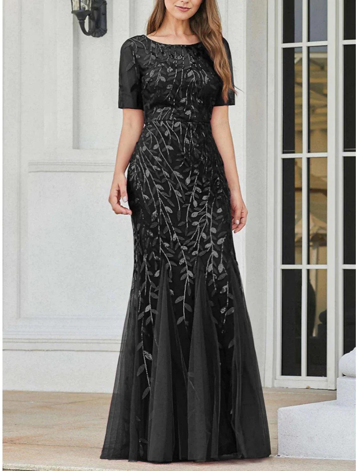 Vestido de sirena/trompeta para madre de la novia, para invitada de boda, brillo y resplandor, elegante, cuello joya, largo hasta el suelo, lentejuelas, manga corta con pliegues, lentejuelas
